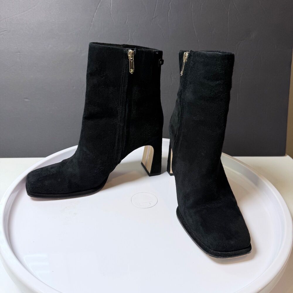 Sam Edelman Irie Black Suede Ankle Boots Size 9.5M Square Toe Block Heel Gold EE